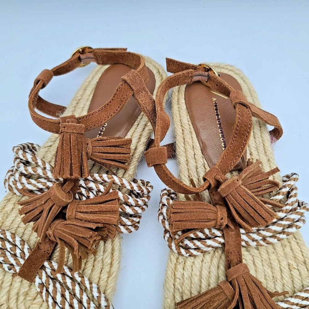 Anthropologie Fringed Rope Sandals Neutral Brown Suede Boho Tassel Size 6 M NWOB - Picture 2 of 8